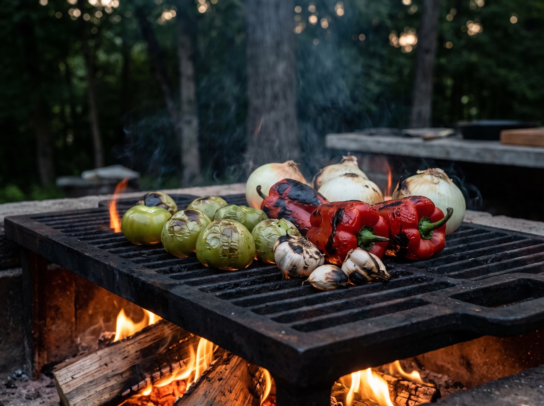 Tomatillos, red peppers, onions and garlic roasting on an iron grate over a wood fire