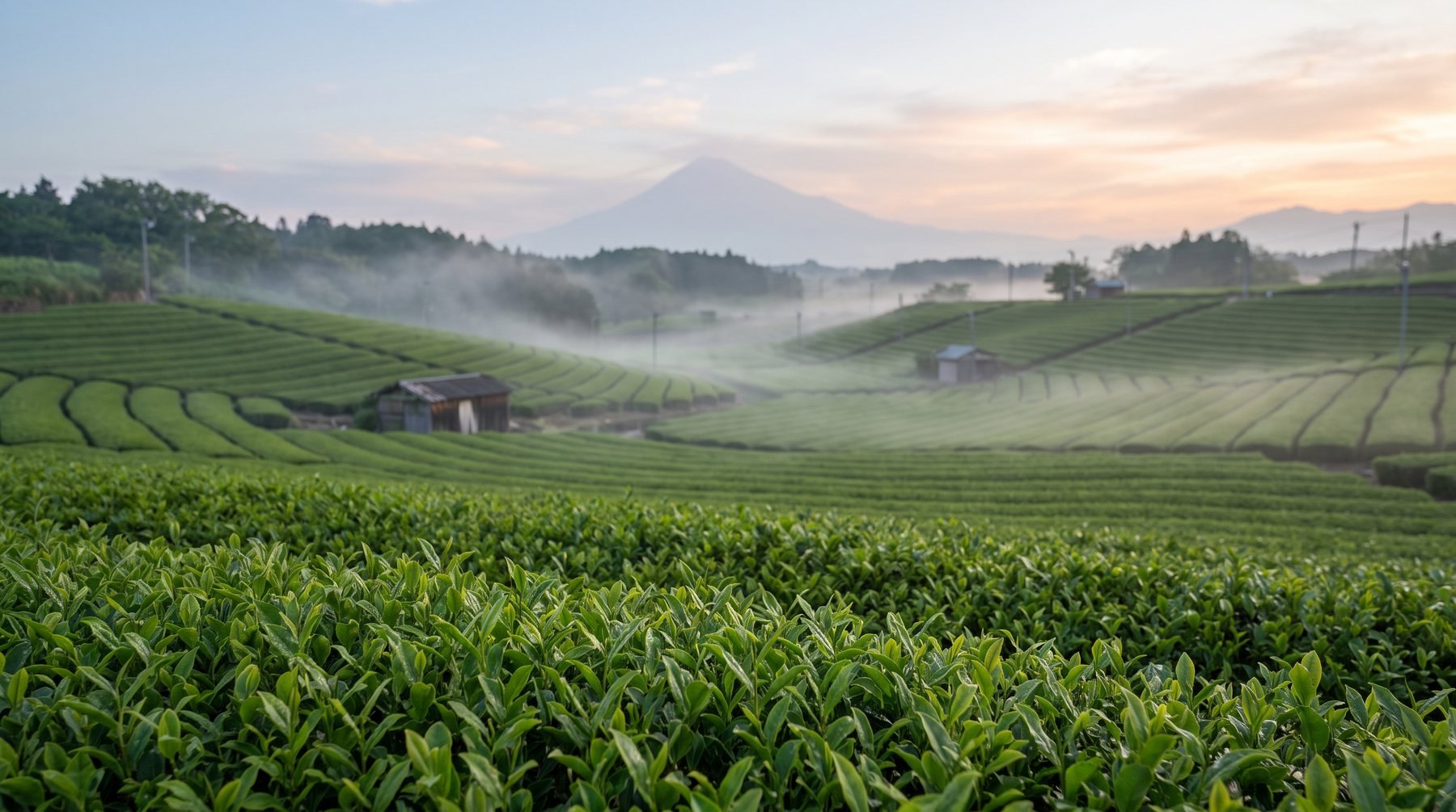 Terraced tea fields in morning mist