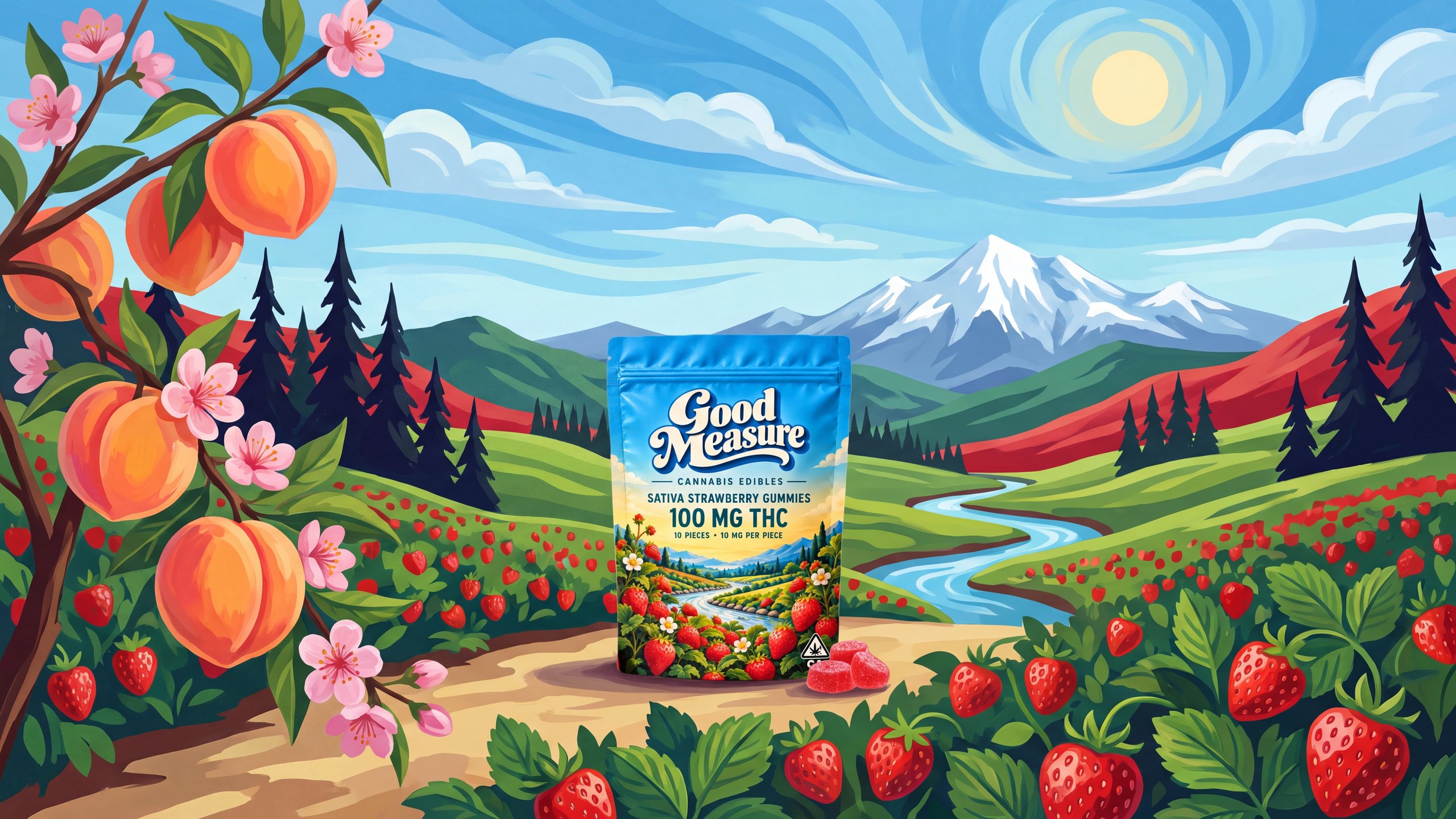 The painted strawberry world with the pouch standing on the path