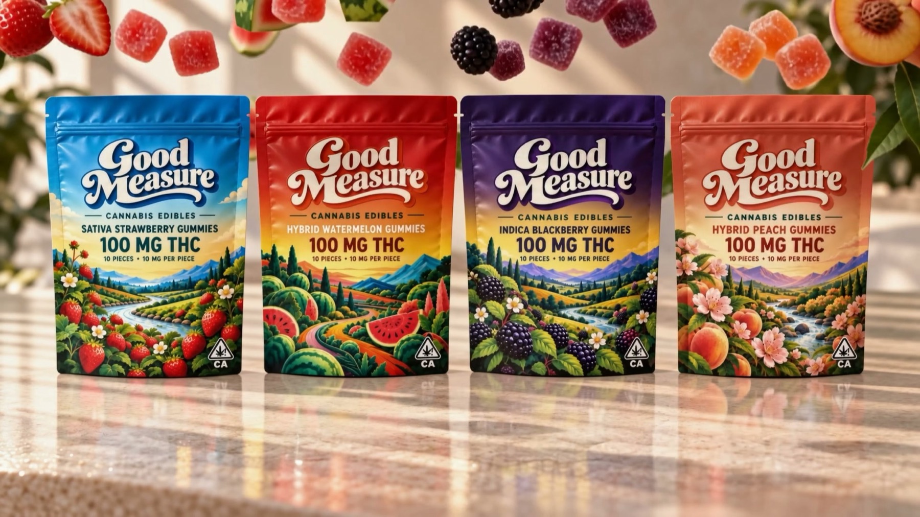 The four pouches in a row on a sunlit counter; the fruit and gummies in front of them lift into the air as you scroll