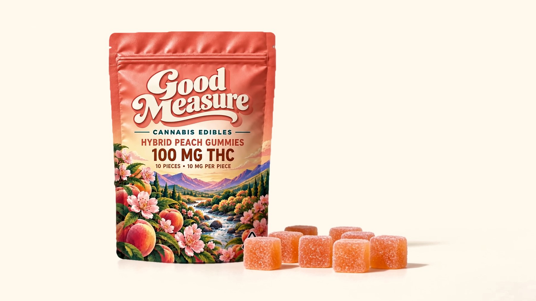 The peach pouch on cream: ten sugared gummies arrive beside it as you scroll