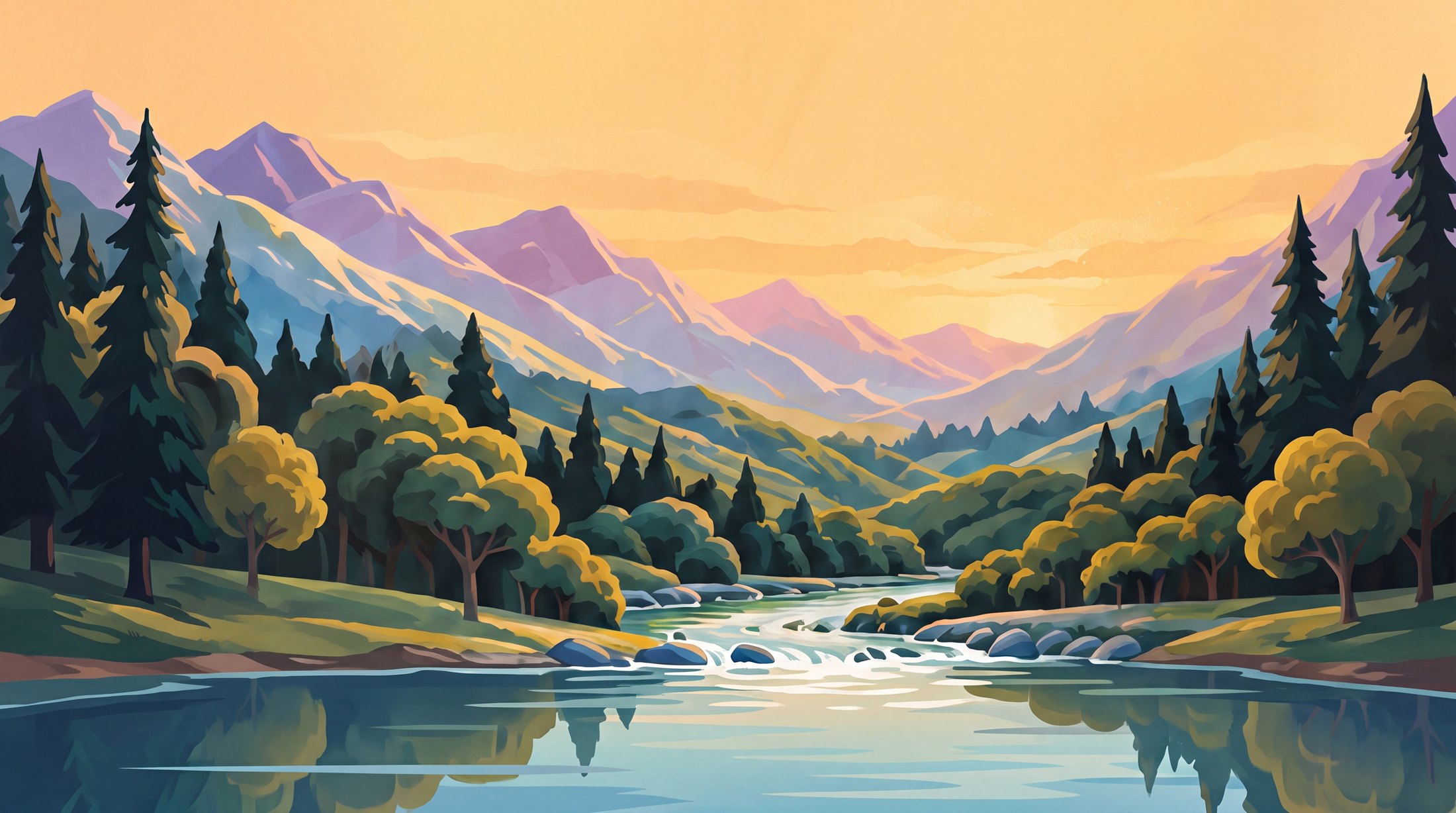A painted mountain valley at sunset: lavender peaks, dark pines, golden trees and a river opening into a still pool