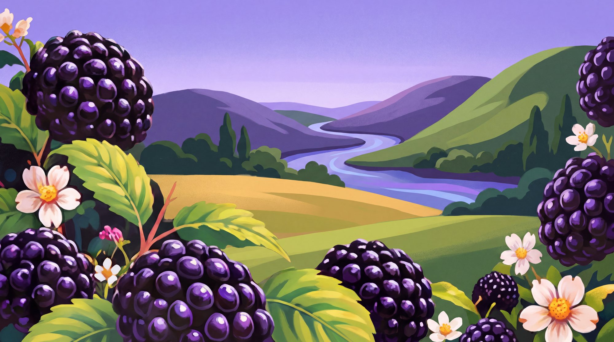 The painted blackberry landscape: an abundant berry valley in dusk violet and leaf green