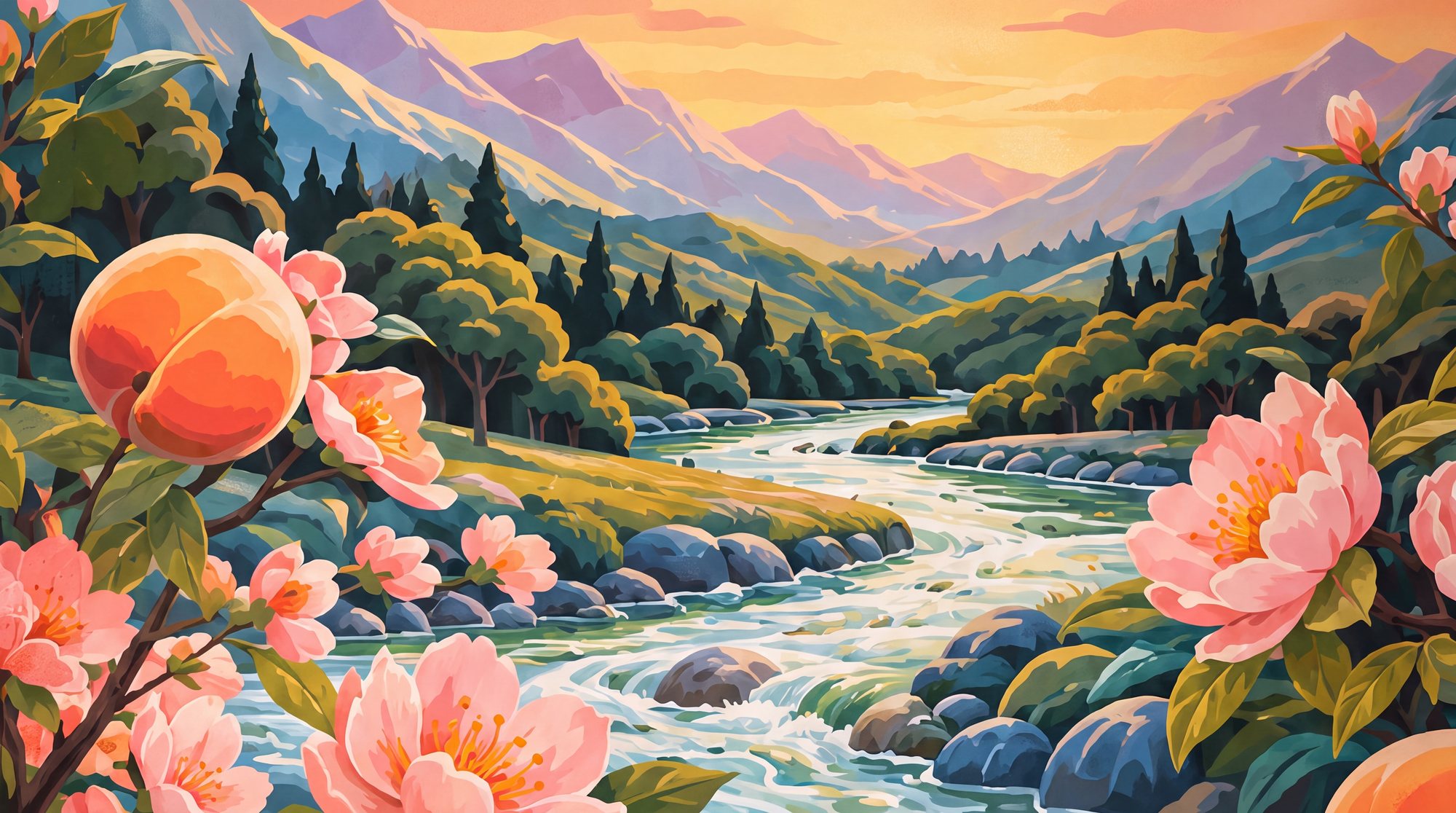 The painted peach landscape: sunlit peach blossoms above a clear mountain stream