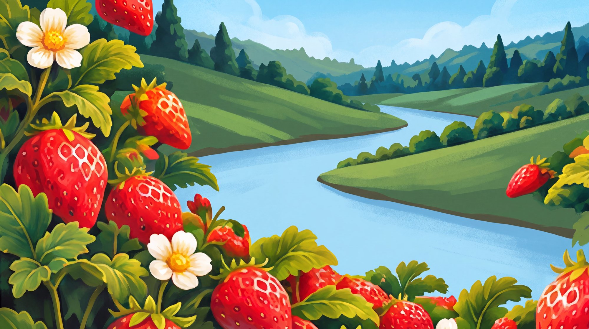 The painted strawberry landscape: a cool river valley, bright berries, and open sky