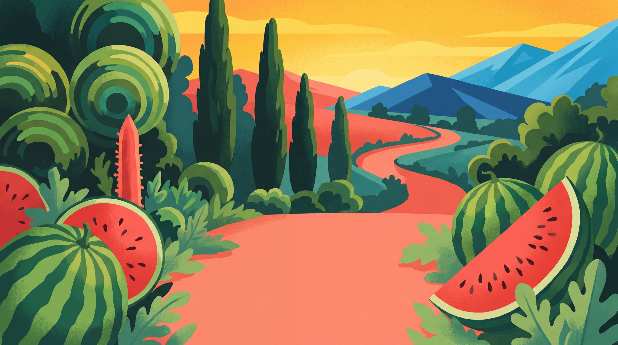 The painted watermelon garden: striped melons, tall cypress trees and blue mountains under a yellow sky