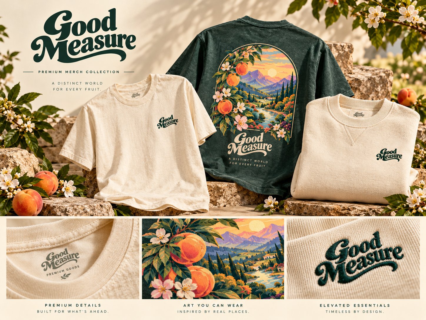 Good Measure apparel: Tees and crews in cream and pine.