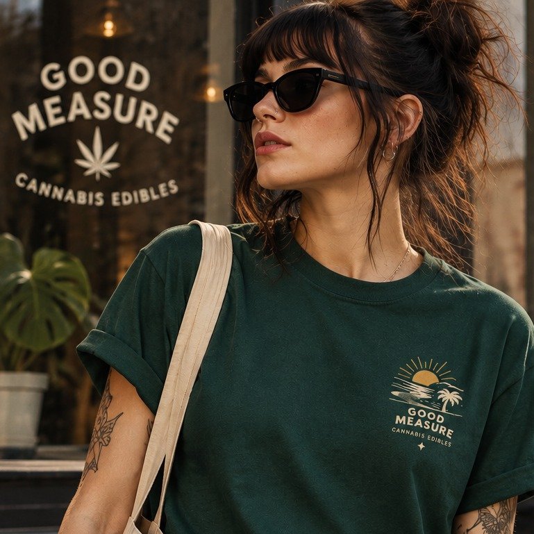 The pine tee in the city, with the small sun-and-palm mark over the heart.