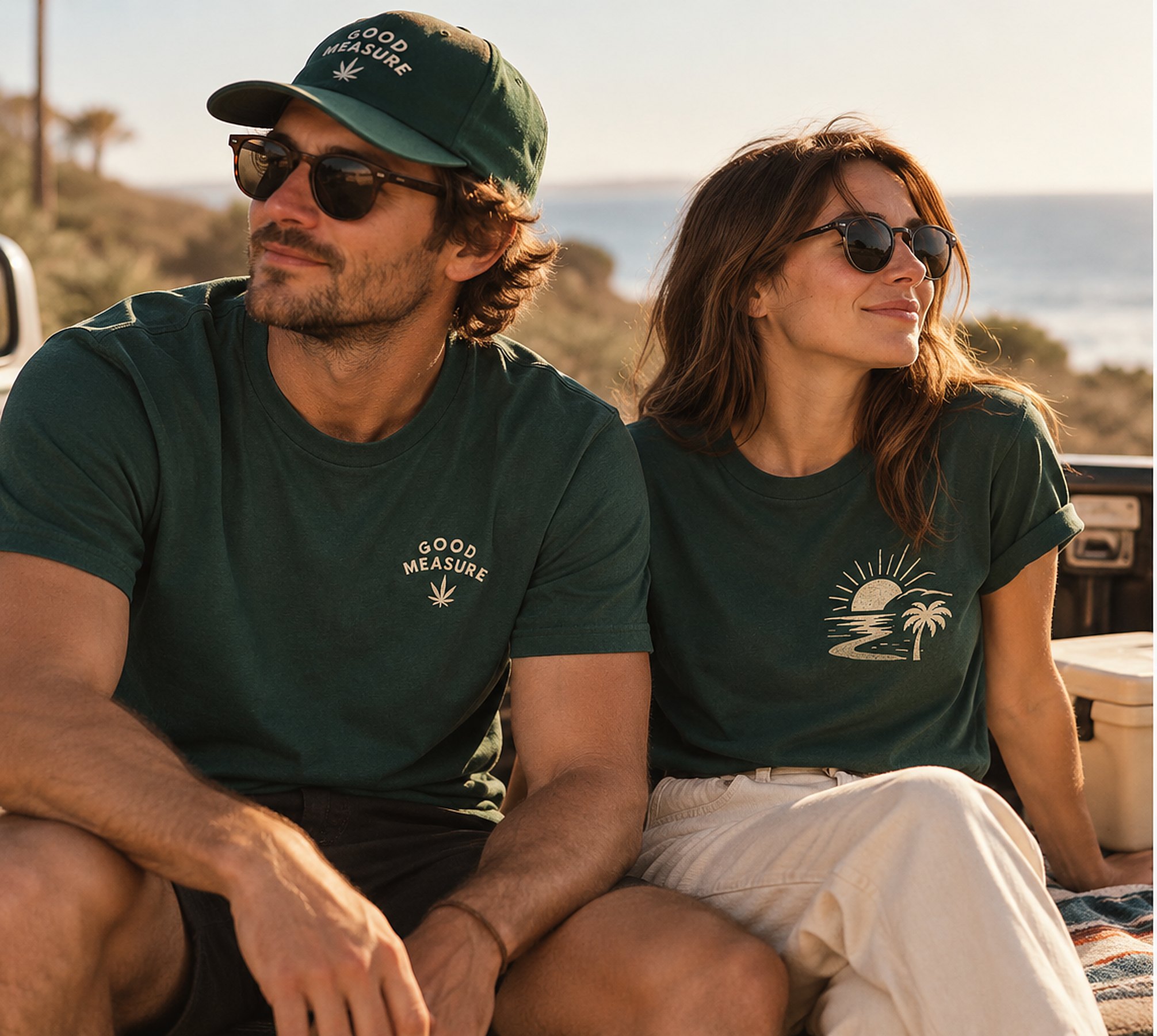 A man and a woman in pine Good Measure tees and a cap on the coast at golden hour