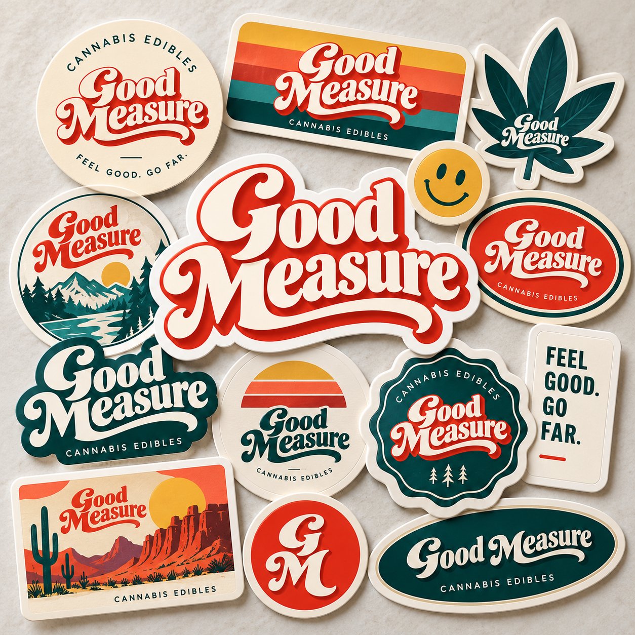 A collage of Good Measure stickers: the script, the badge, a smiling sun, a cannabis leaf and the GM monogram