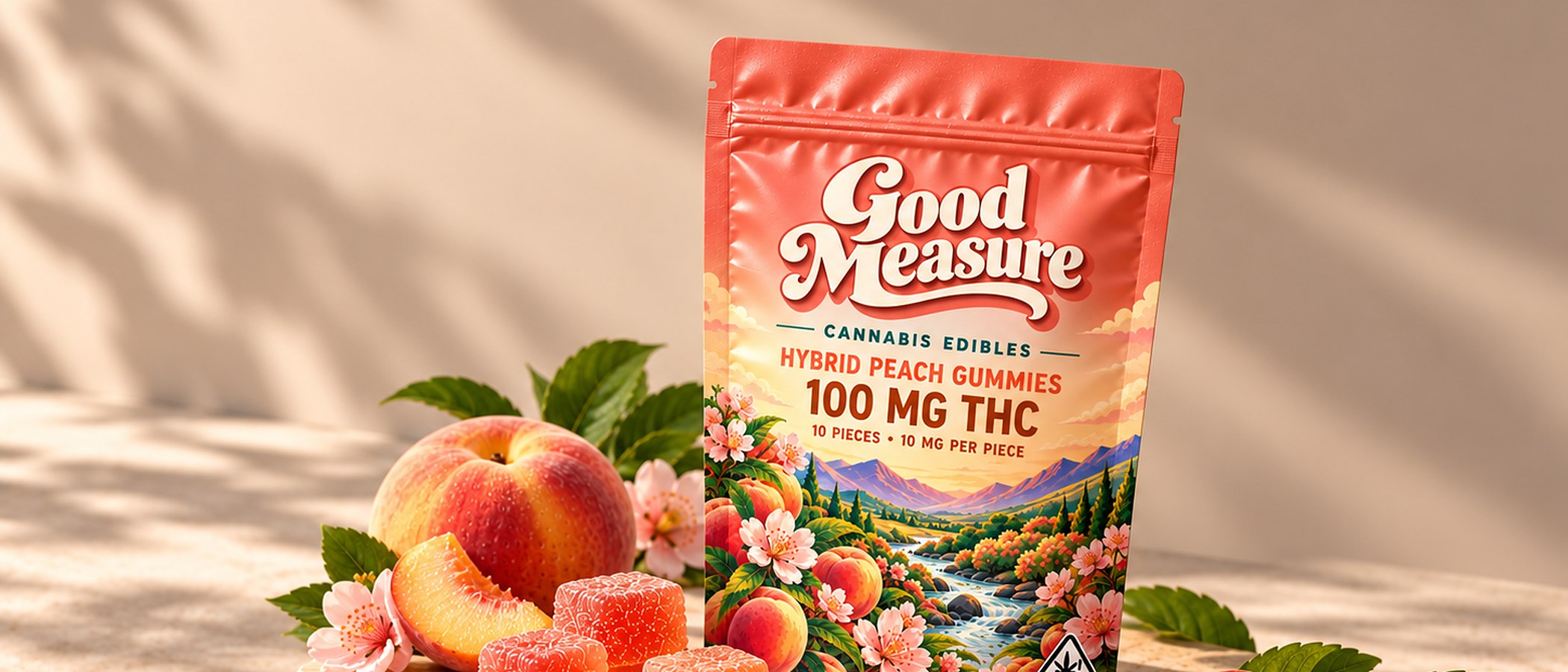 The peach pouch on a sunlit stone with peaches, blossom and sugared gummies