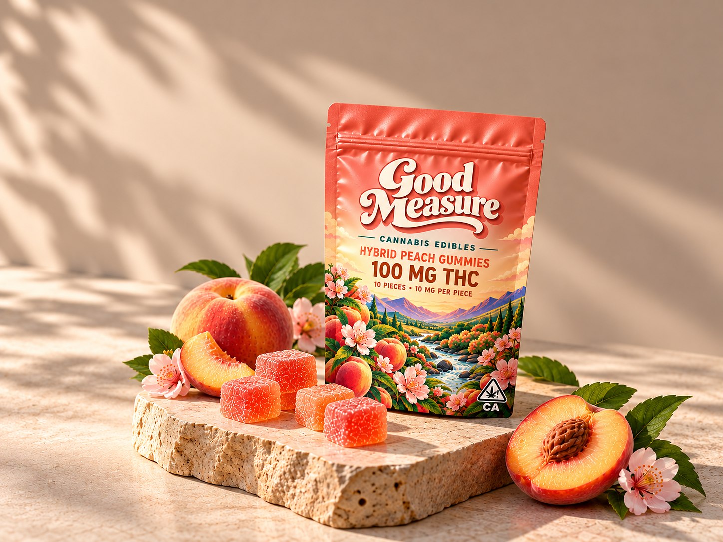 The peach pouch on a sunlit stone with peaches, blossom and sugared gummies