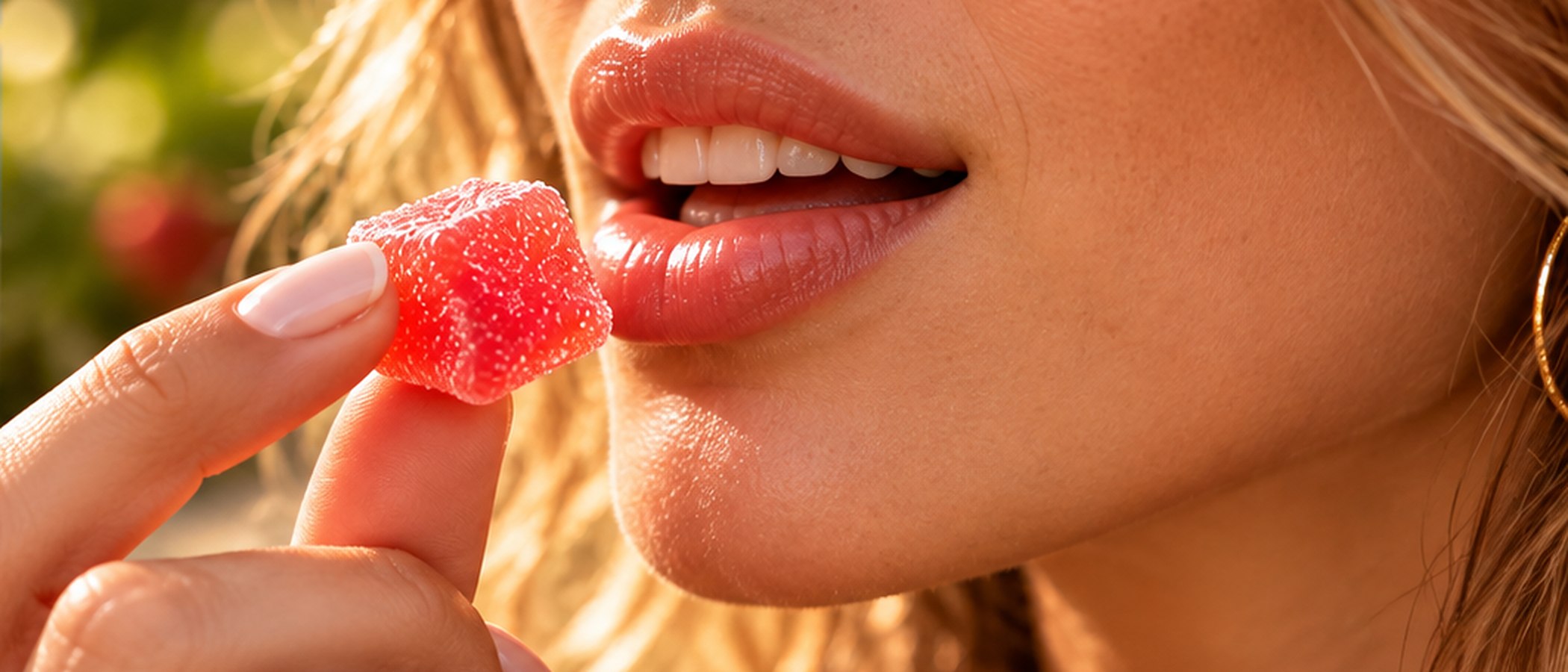 A close view of a single sugared strawberry gummy held to the lips in golden light