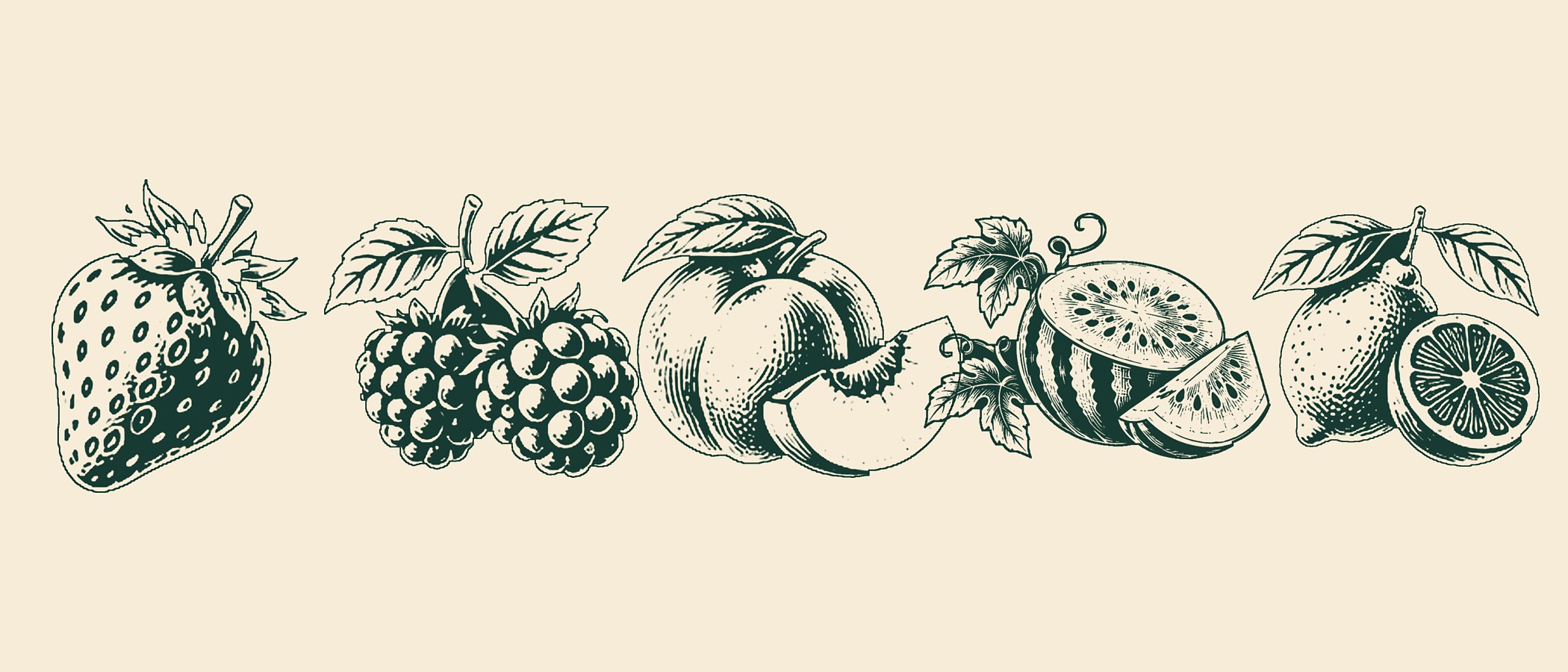 The five Good Measure woodcut fruit in pine on cream: strawberry, berries, peach, watermelon and lemon