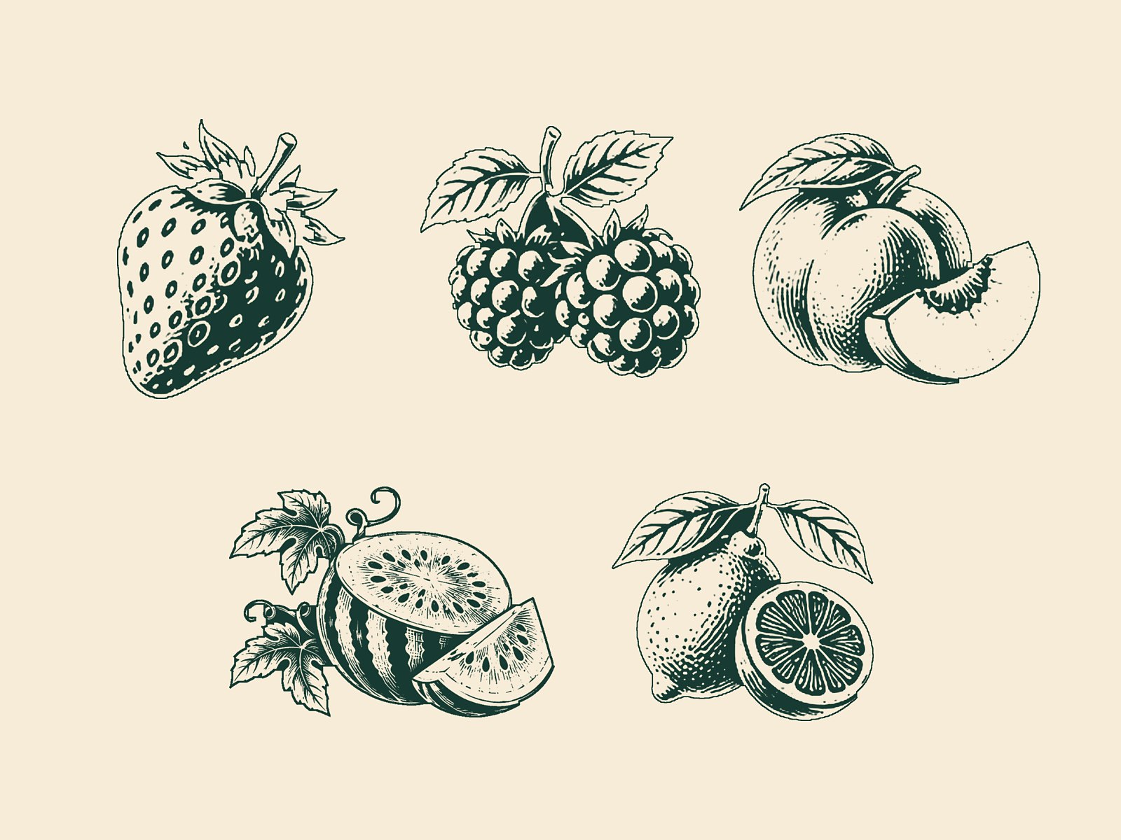 The five Good Measure woodcut fruit in pine on cream: strawberry, berries, peach, watermelon and lemon