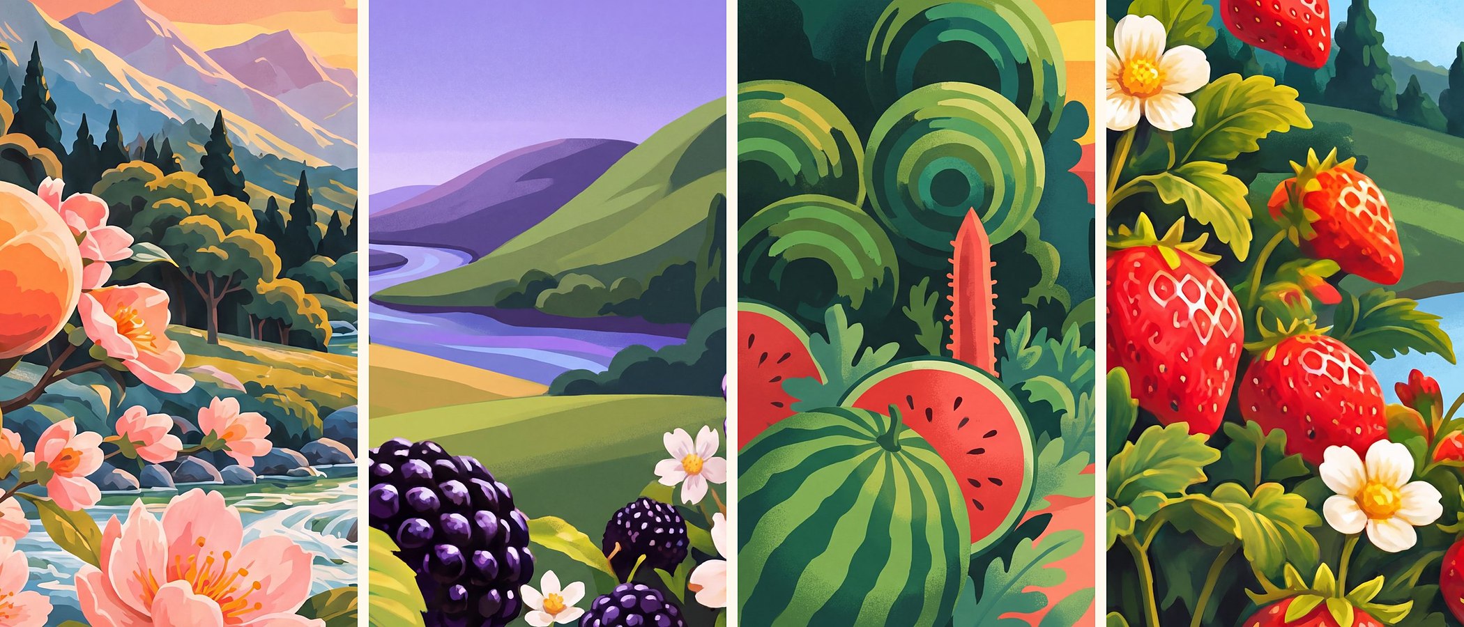 The four painted worlds side by side: peach blossom, blackberry valley, watermelon garden and strawberry river