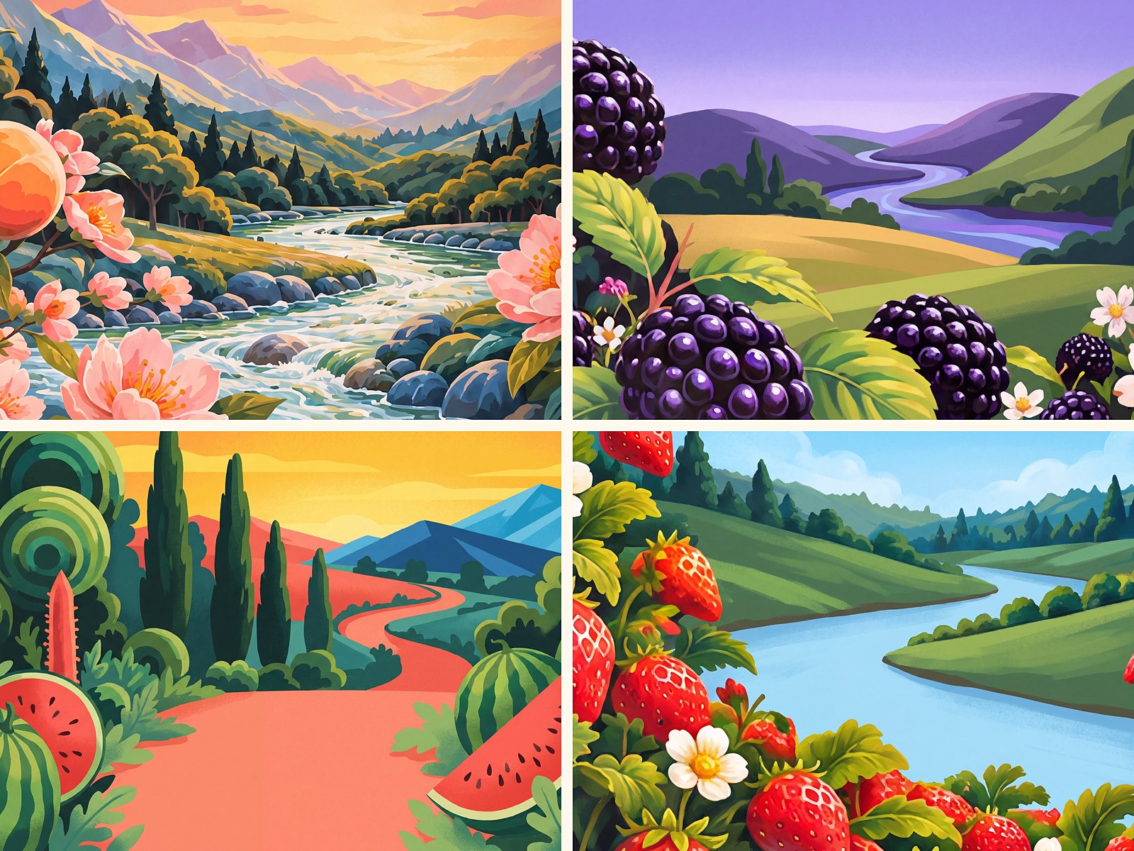 The four painted worlds side by side: peach blossom, blackberry valley, watermelon garden and strawberry river