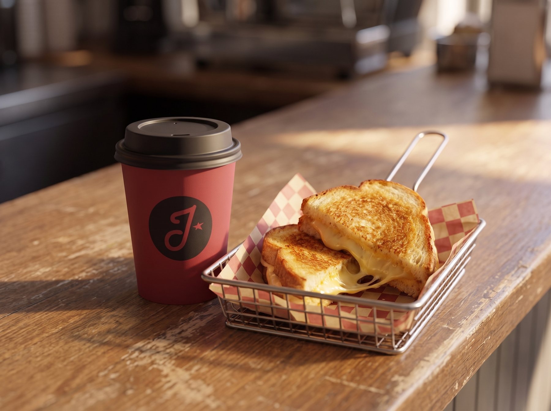The grilled cheese and a red Jupiter cup