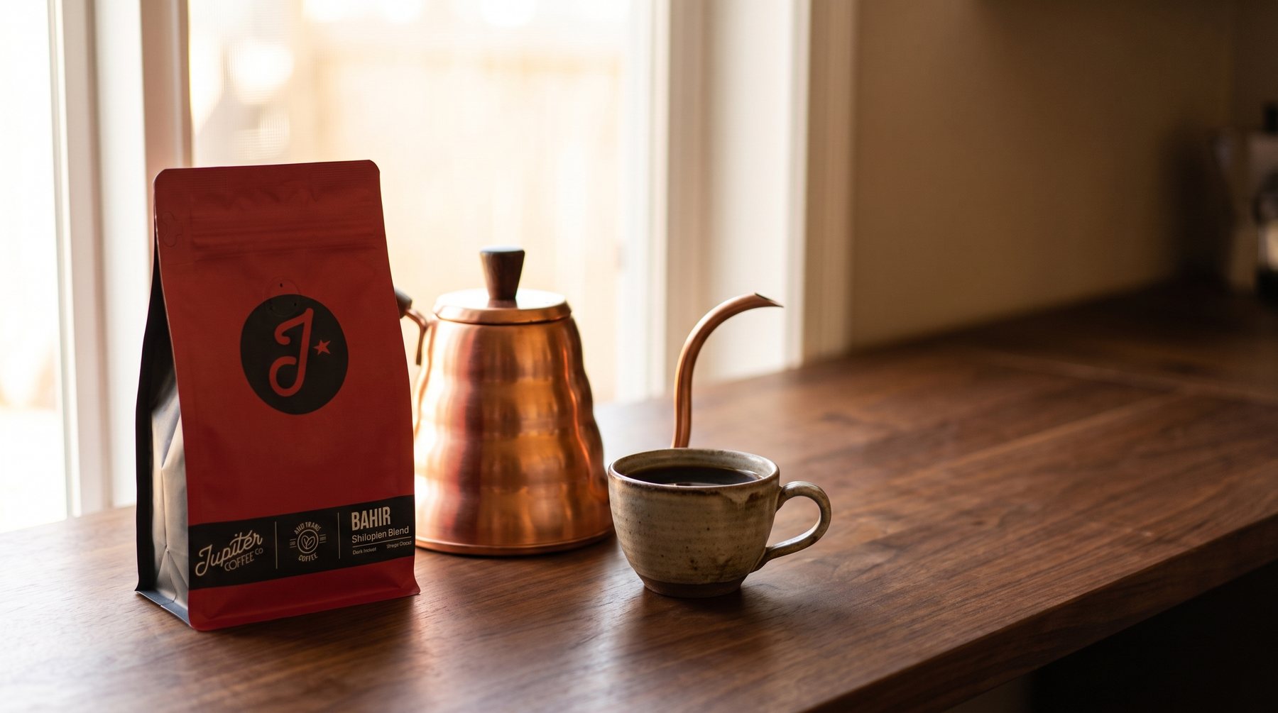 A bag of House Line beside a copper kettle
