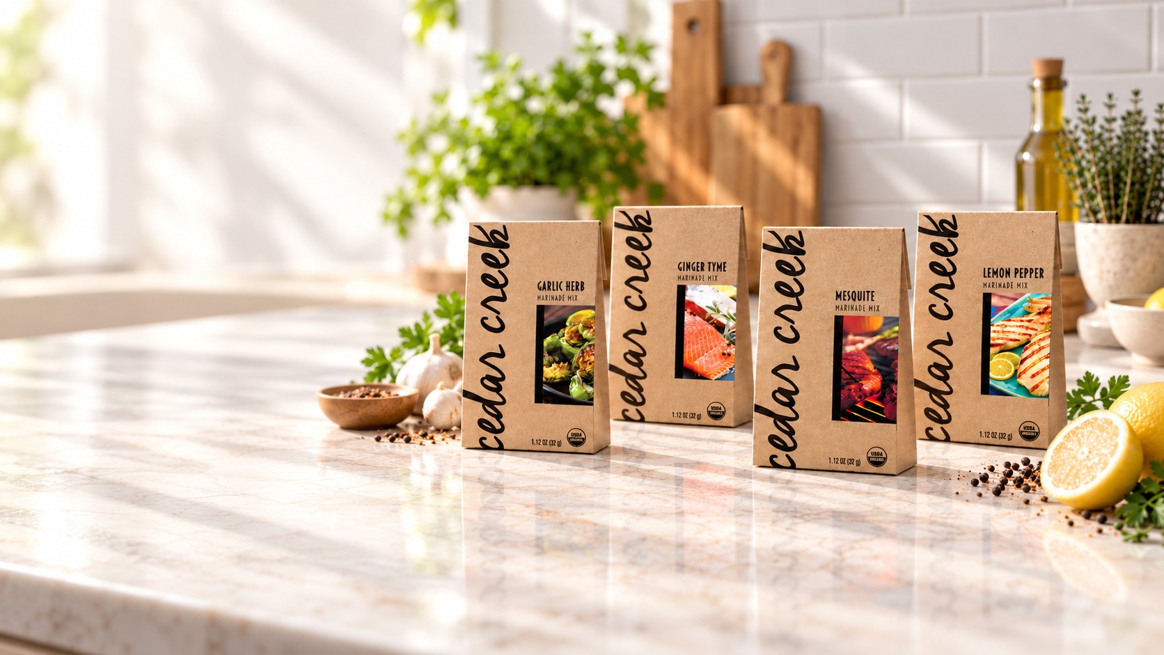 Four Cedar Creek marinade mix packs standing on a sunlit marble kitchen counter: Garlic Herb, Ginger Tyme, Mesquite and Lemon Pepper, with garlic, parsley, peppercorns and a cut lemon around them