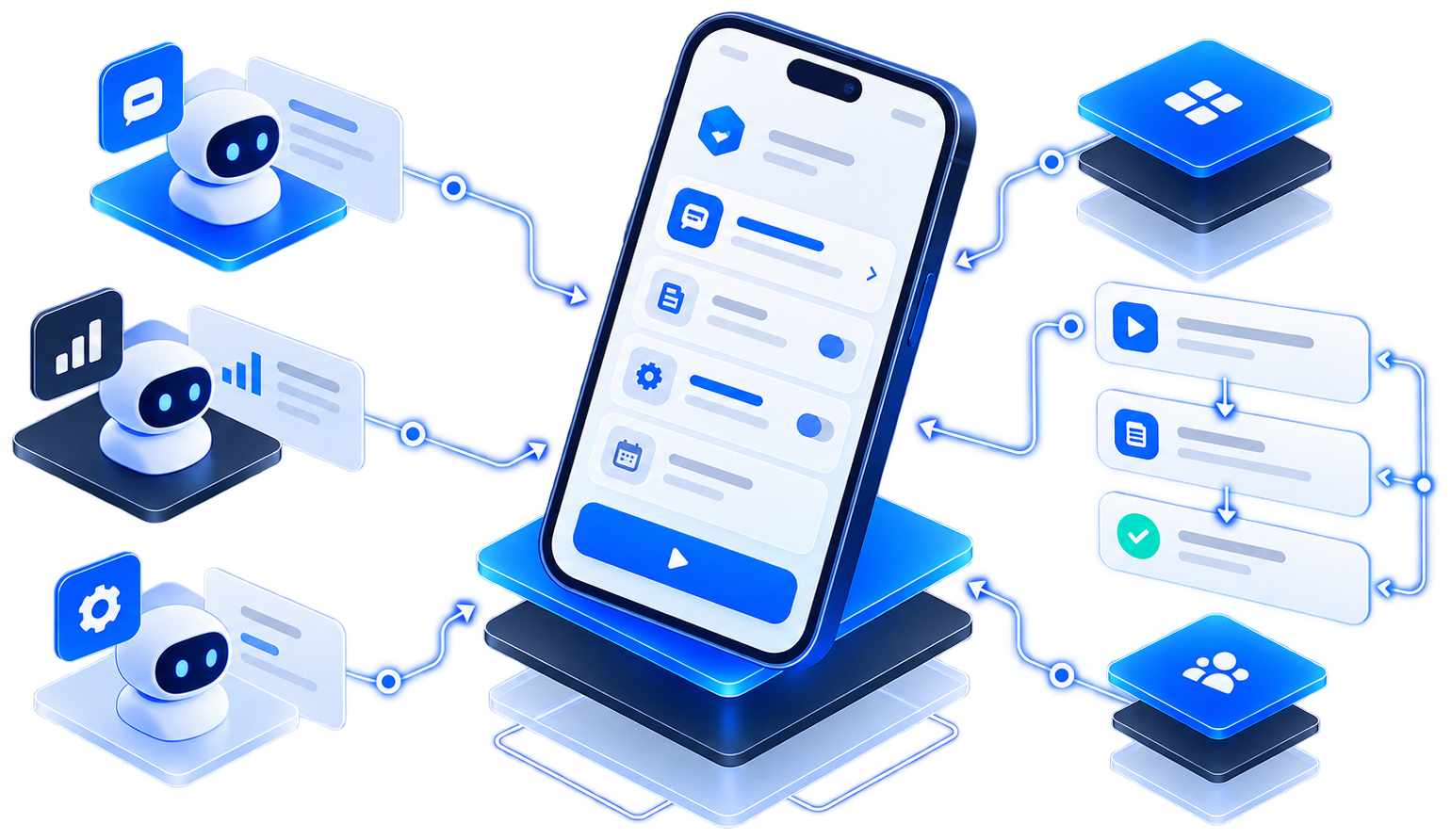 A phone running Foreman in the middle, with three agents reporting to it on one side and apps, a team and a checked workflow on the other.