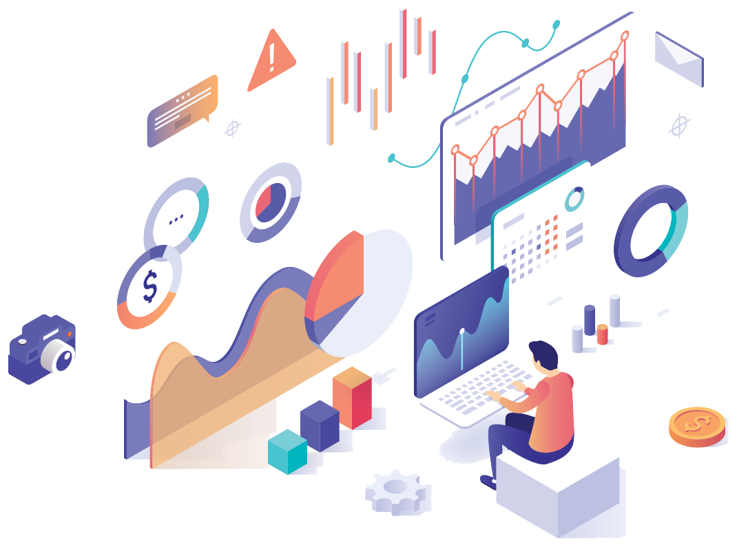 Isometric illustration: a field rep at a laptop among charts, dials and a camera