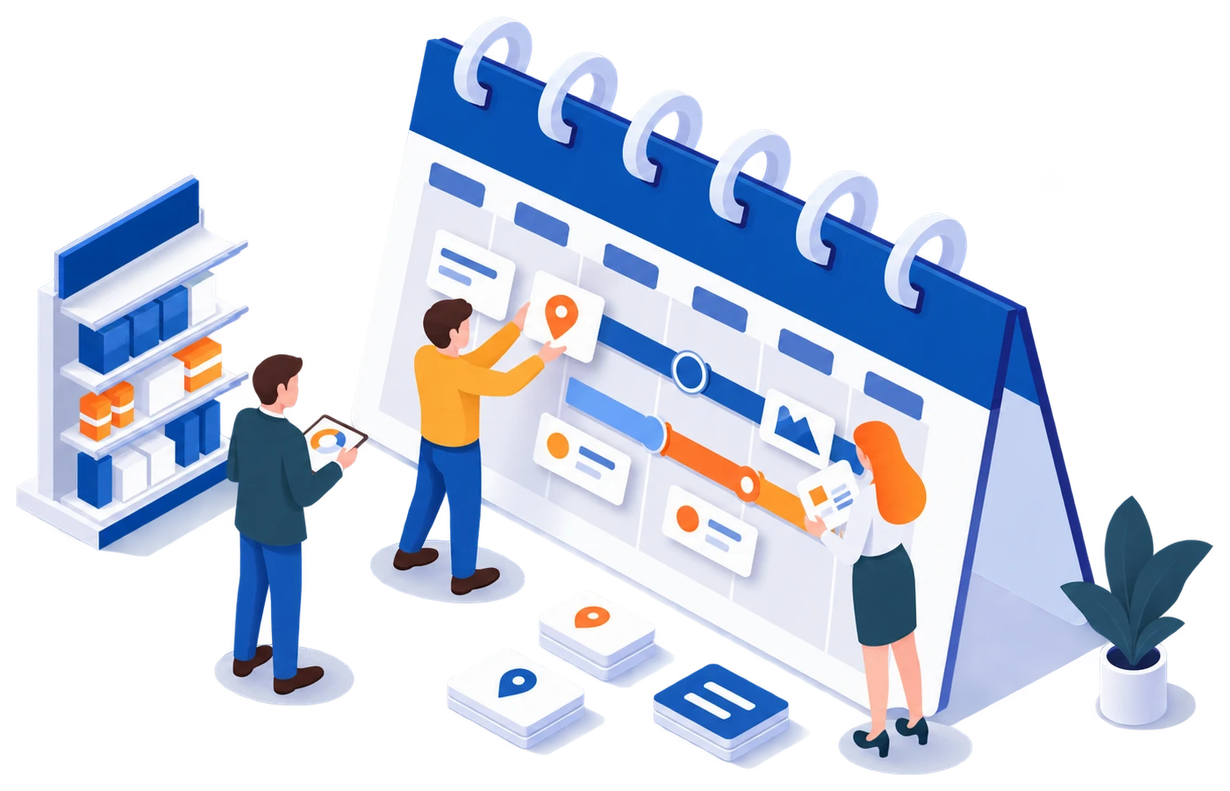 Isometric illustration: a team arranging projects on a giant wall calendar