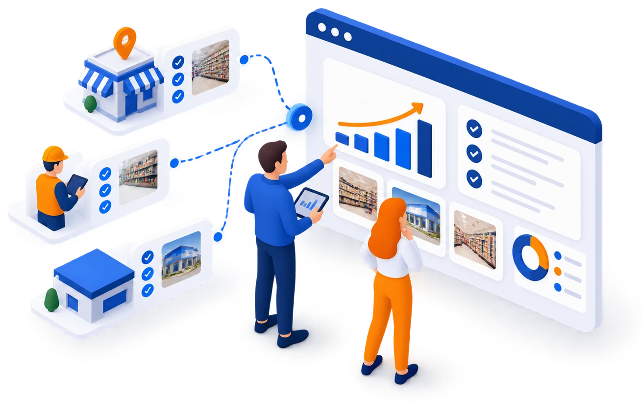Isometric illustration: stores and field reps connected to a reporting dashboard