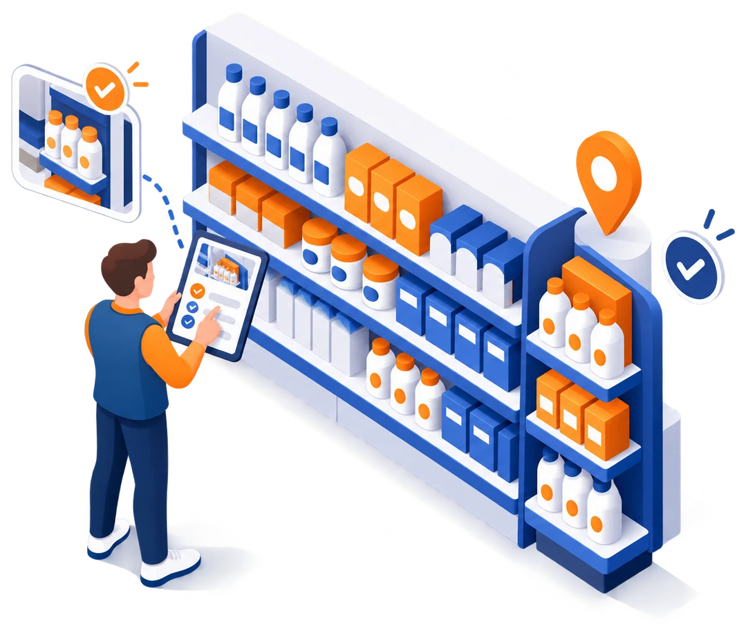 Isometric illustration: a field rep checking a store shelf on a tablet