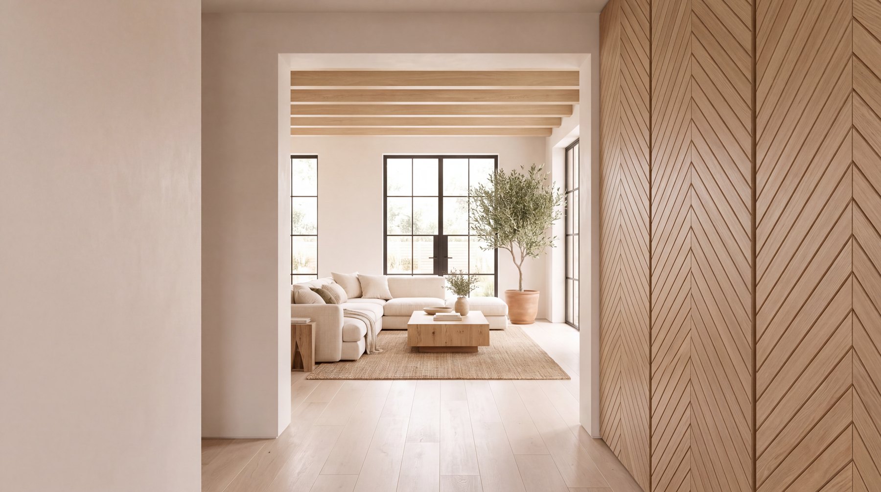A bright living room seen past a screen of oak slats laid in a diagonal pattern