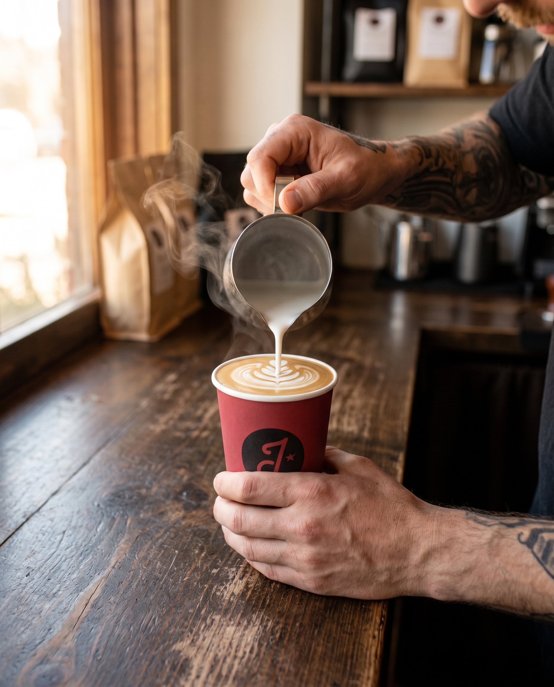 A latte poured into a red Jupiter cup