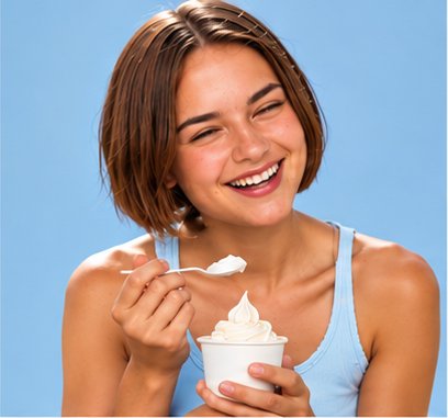 A laughing woman in a blue top holds a cup of frozen yogurt, against a sky blue wall