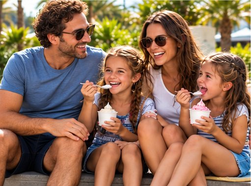 A family of four on a bench outdoors, each with a cup of frozen yogurt