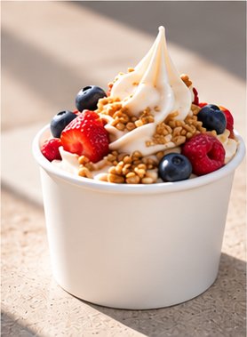 A white cup of vanilla frozen yogurt topped with blueberries, strawberries and granola