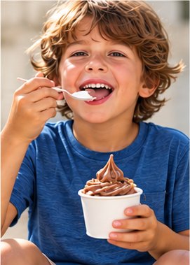A boy in a blue t-shirt eating chocolate frozen yogurt from a cup