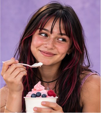 A teenager with long dark hair eats frozen yogurt with berries, against a lilac wall