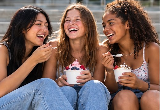 Three friends laughing together on steps, with cups of frozen yogurt
