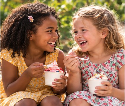 Two girls outdoors, each with a cup of frozen yogurt, laughing