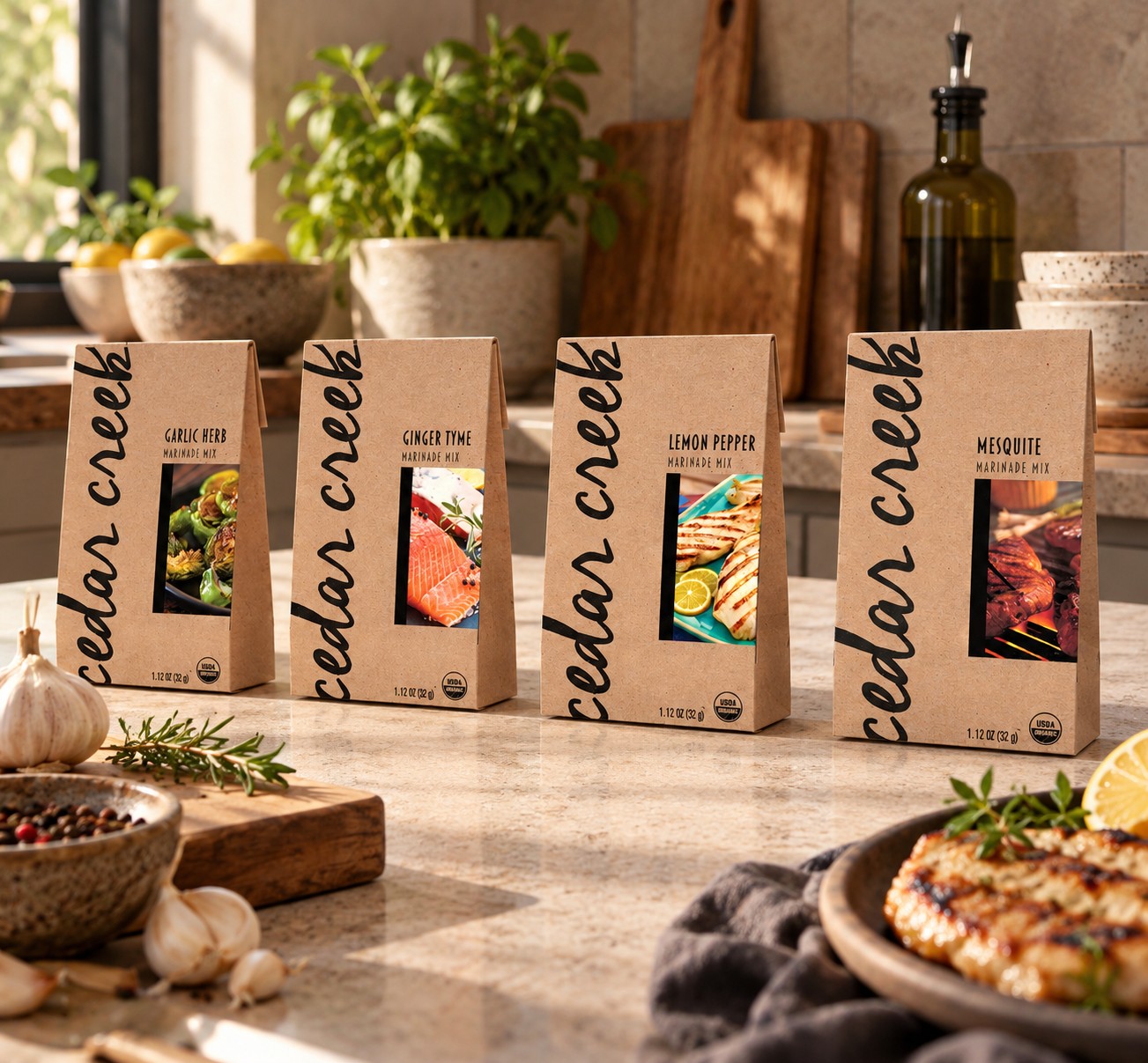 The four Cedar Creek packs in a row on a stone kitchen counter, a bowl of peppercorns, garlic and a grilled chop around them