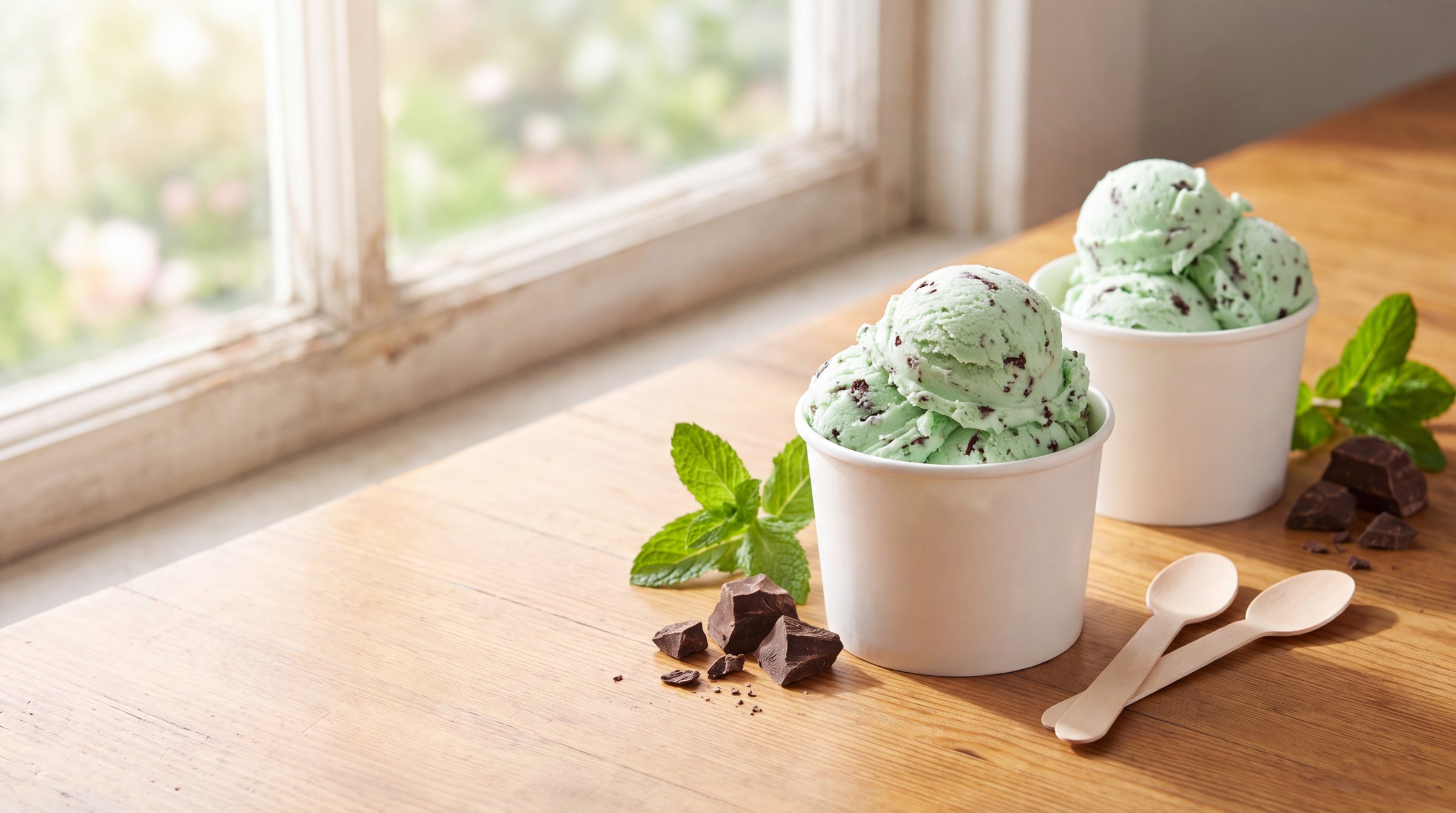 Two white paper cups heaped with pale mint frozen custard flecked with dark chocolate on a sunny wooden table, with mint sprigs and broken dark chocolate