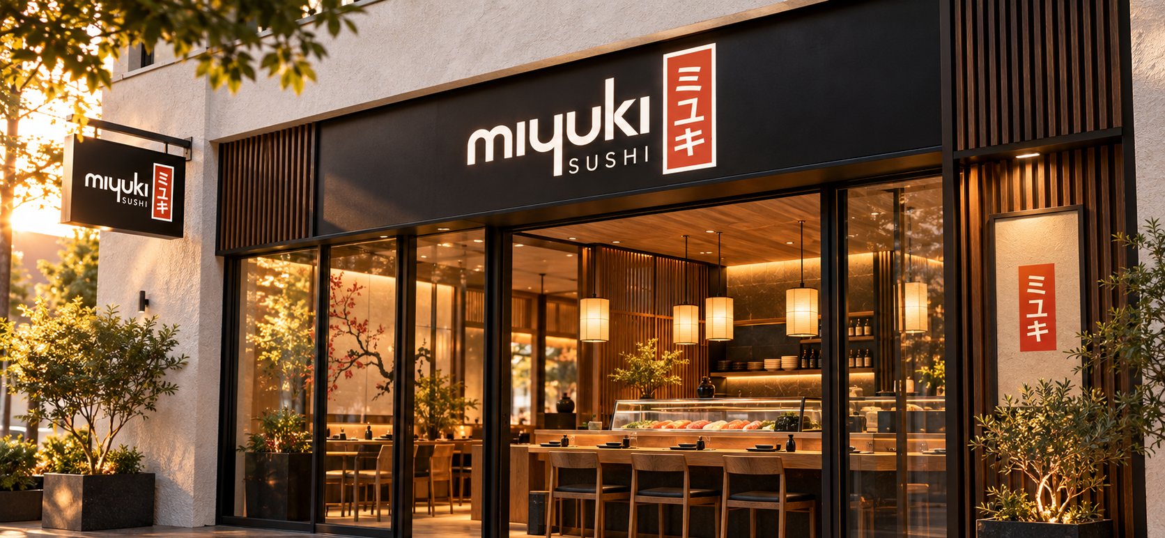 The Miyuki Sushi storefront at golden hour, a hanging sign on the left and a long sushi counter inside