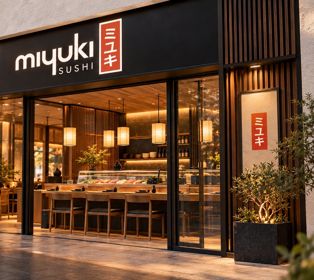 The Miyuki Sushi storefront at golden hour: a black fascia with the wordmark and an orange sign, a long sushi counter with wooden stools seen through tall glass doors