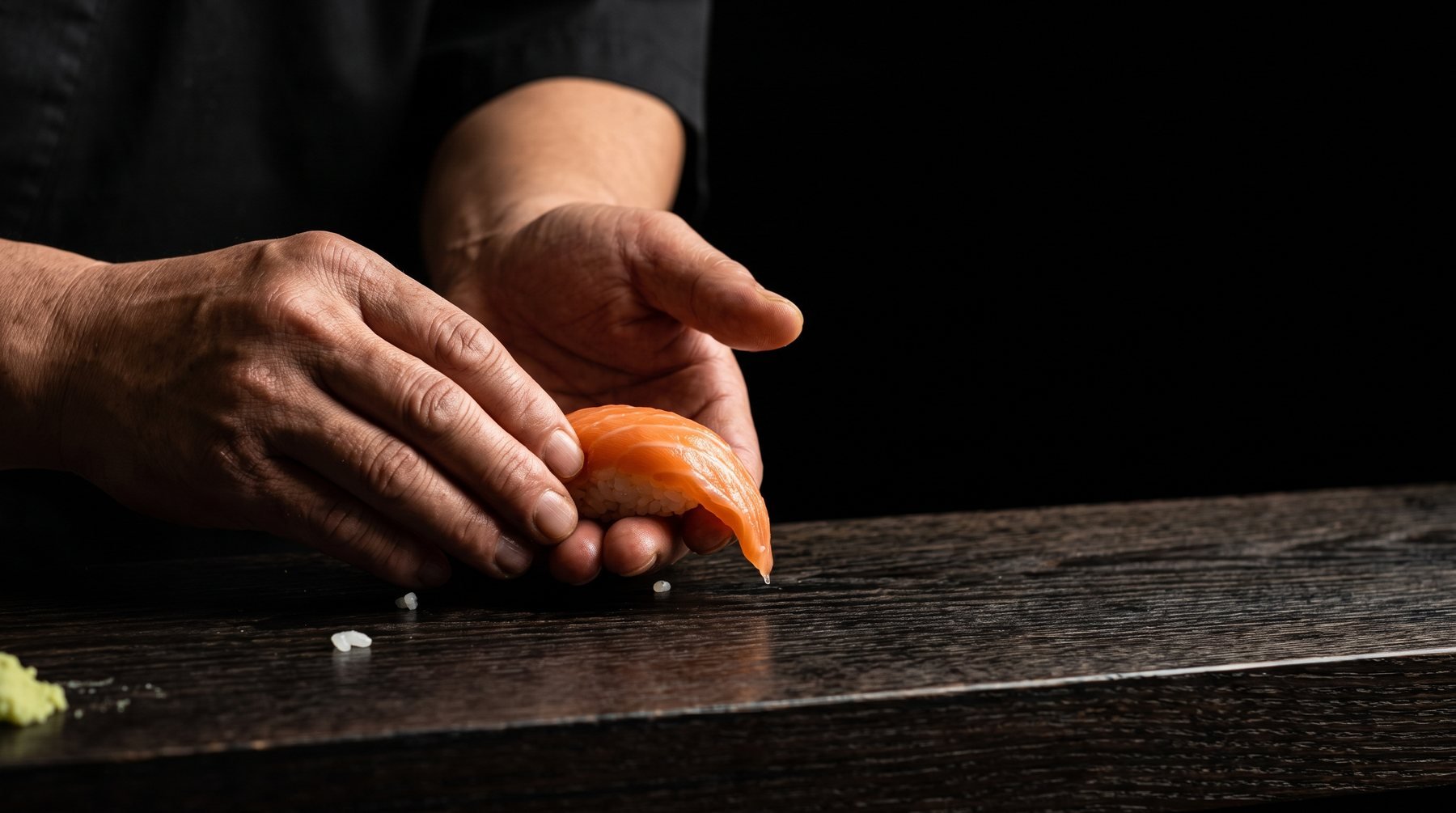 A sushi chef pressing a slice of salmon onto rice by hand over a dark wooden counter