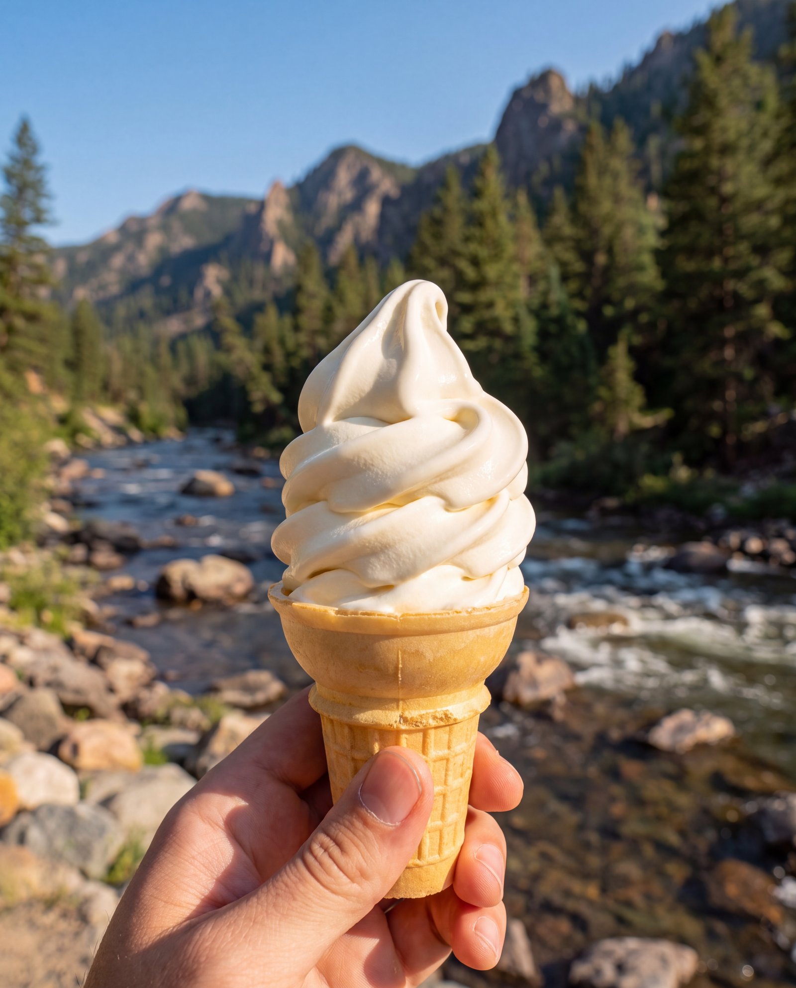 A cake cone of frozen custard held up against a mountain river
