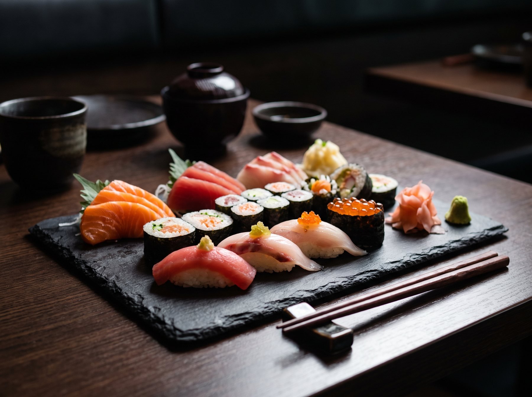 A slate of nigiri, maki and sashimi on a dark wooden table, a lidded soup bowl and tea cups behind it
