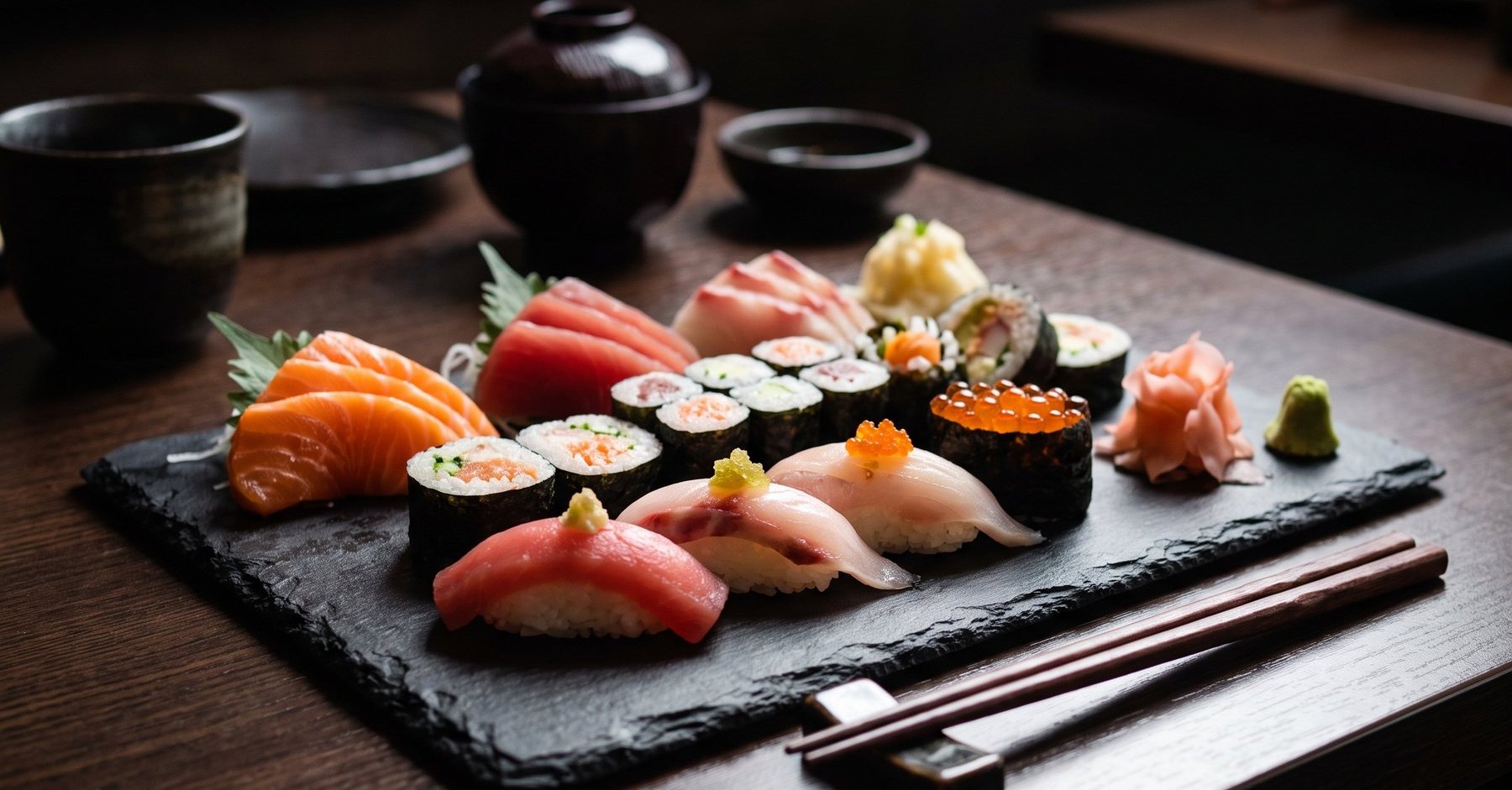 A slate laid with salmon and tuna sashimi, nigiri and maki, chopsticks resting beside it