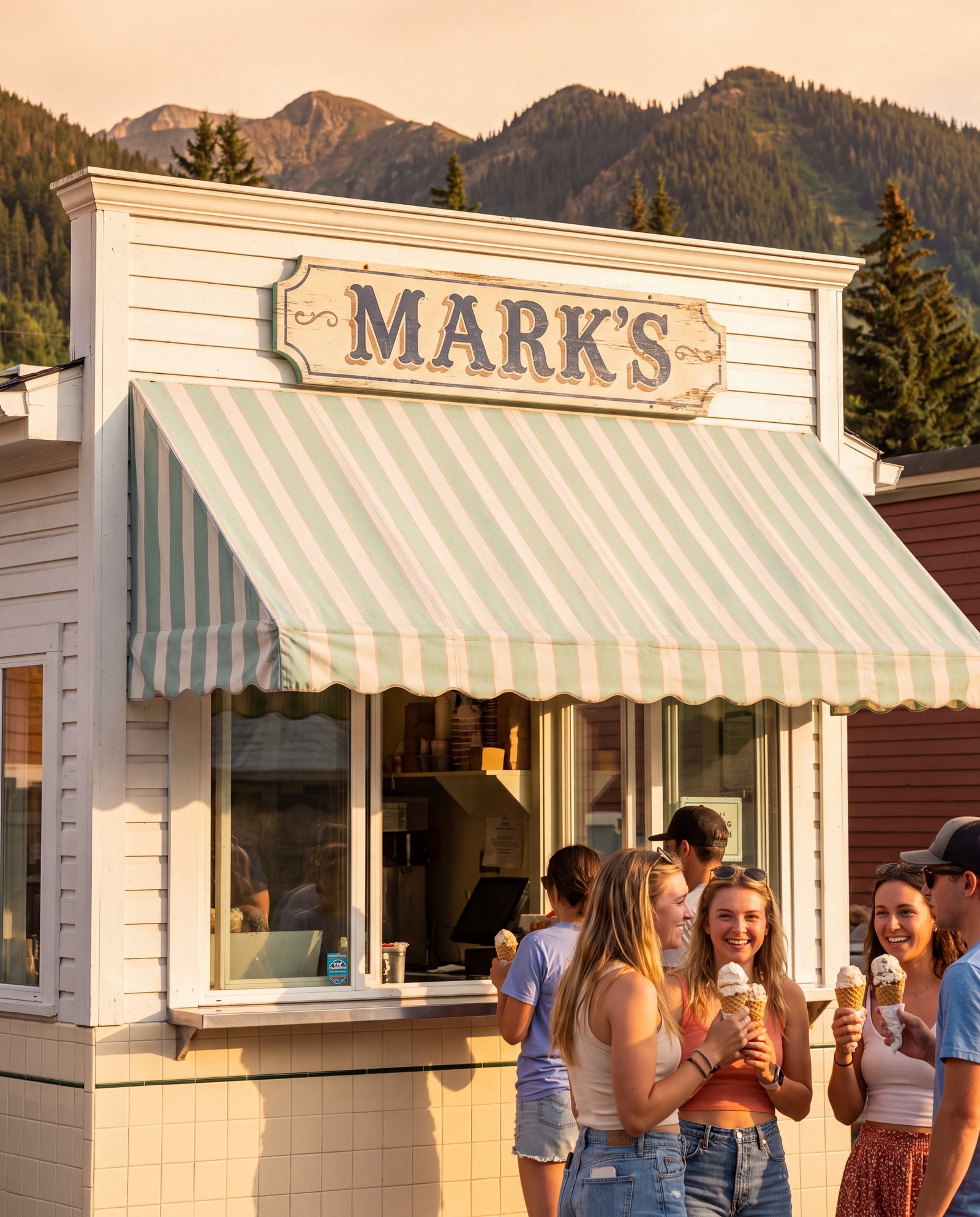 The Mark’s walk-up custard stand with a mint awning and a painted sign, people with cones out front, mountains behind