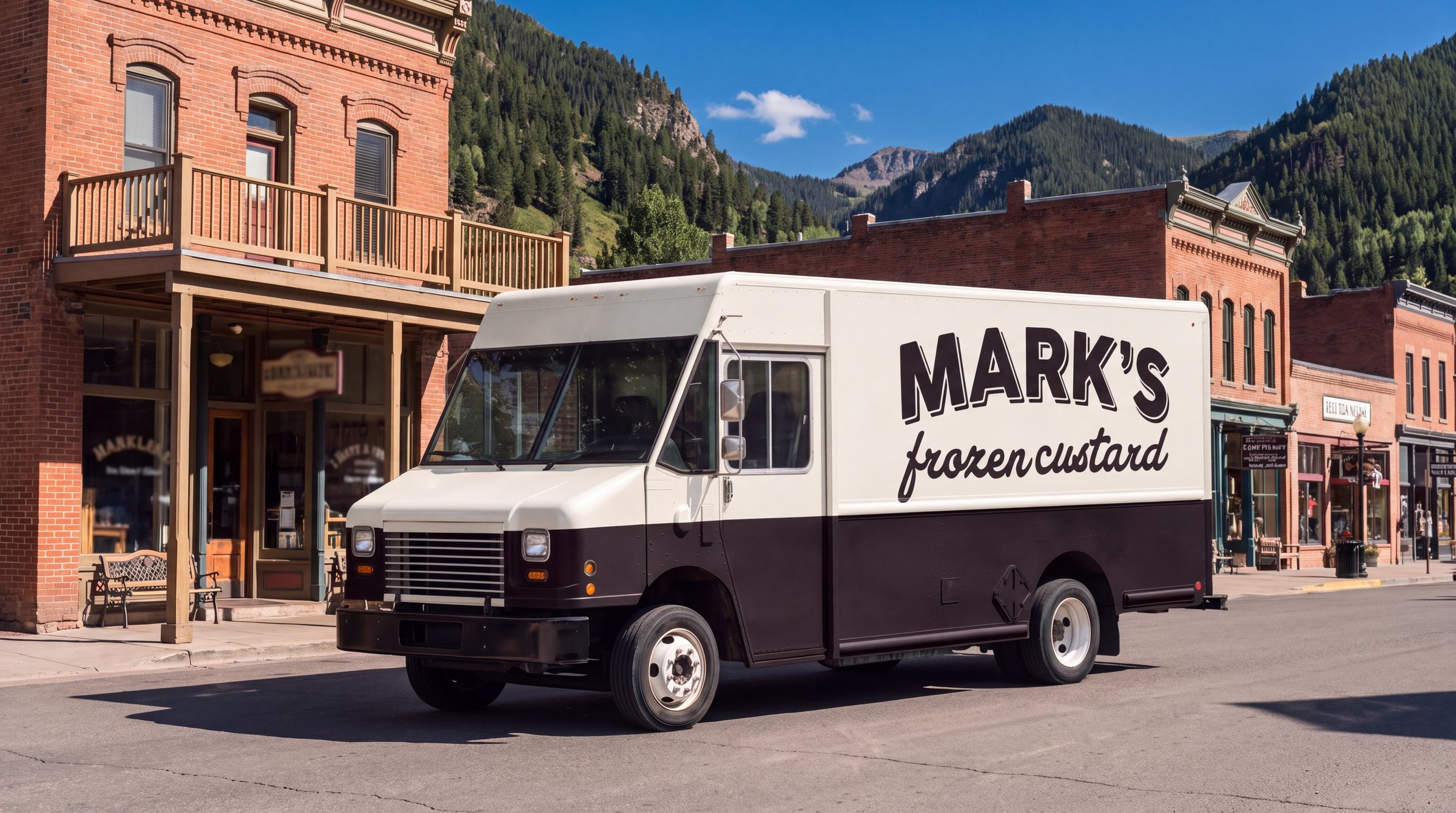 The Mark’s truck on a mountain-town main street