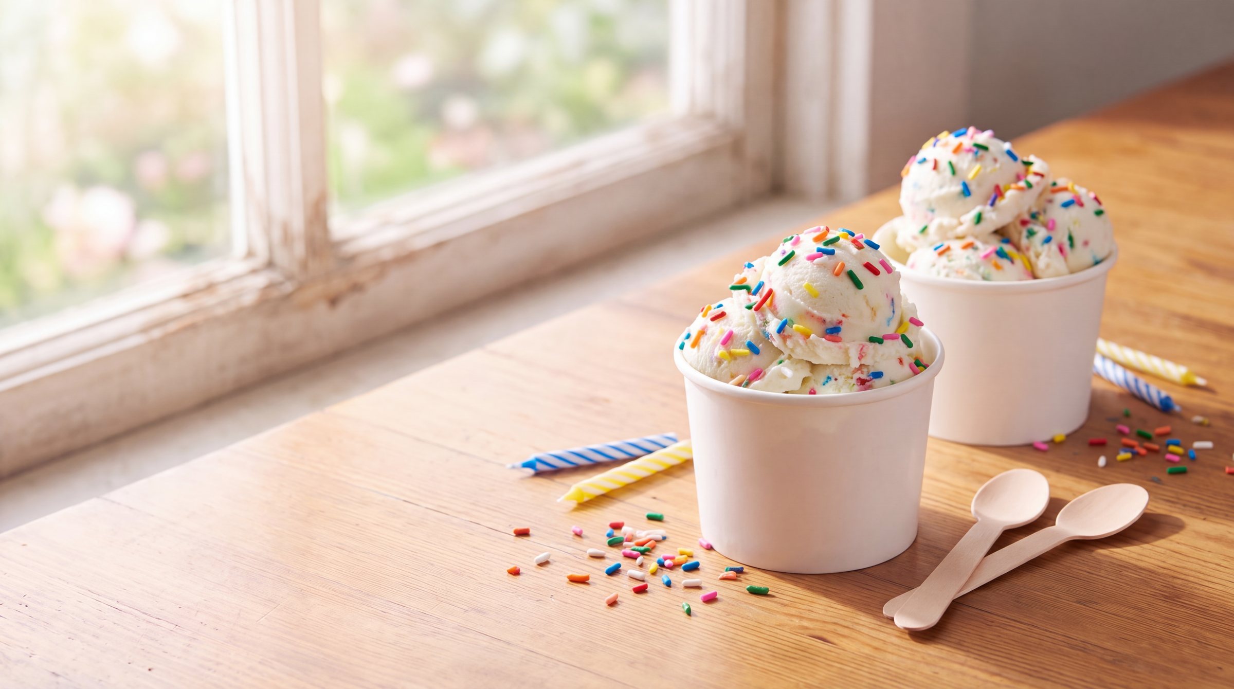 Two white paper cups heaped with white cake-batter frozen custard full of rainbow sprinkles on a sunny wooden table, with rainbow sprinkles and birthday candles