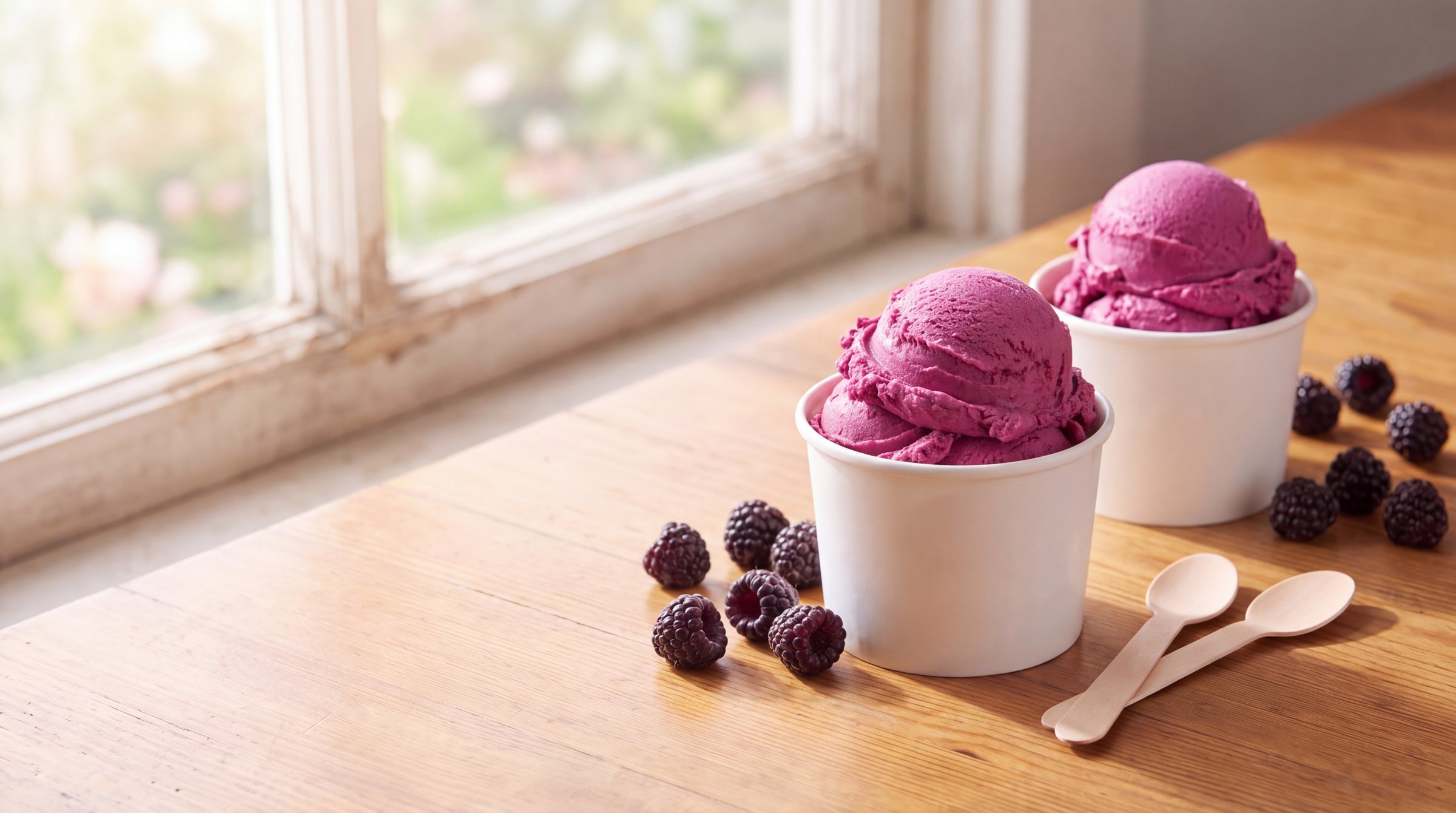 Two white paper cups heaped with deep magenta black raspberry frozen custard on a sunny wooden table, with fresh black raspberries